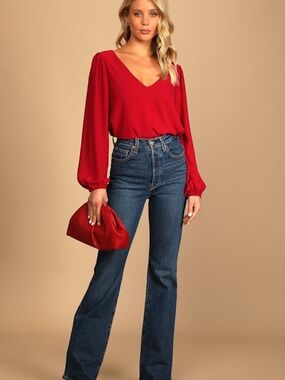 Lulus Stylish And Sincere Berry Red Long Sleeve V-neck Top - Size M